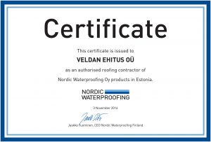 Veldan Ehitus OÜ sertifikaat